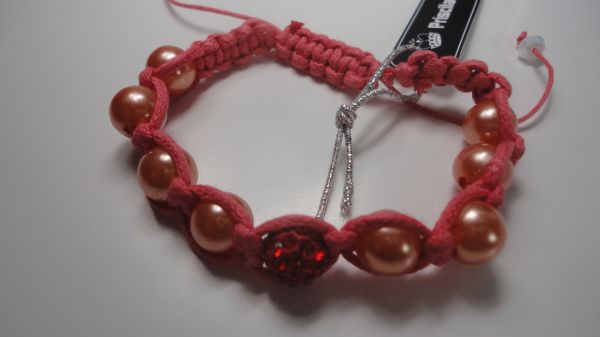 Pulseira Macramê rosa com pér. rosê+ponto de luz Verm.(0087)