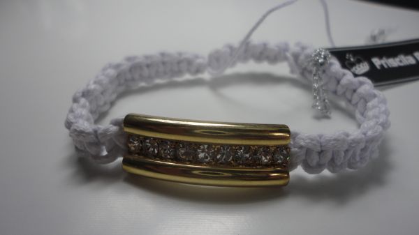 Pulseira macramê branca com placa dour. com strass (0119)